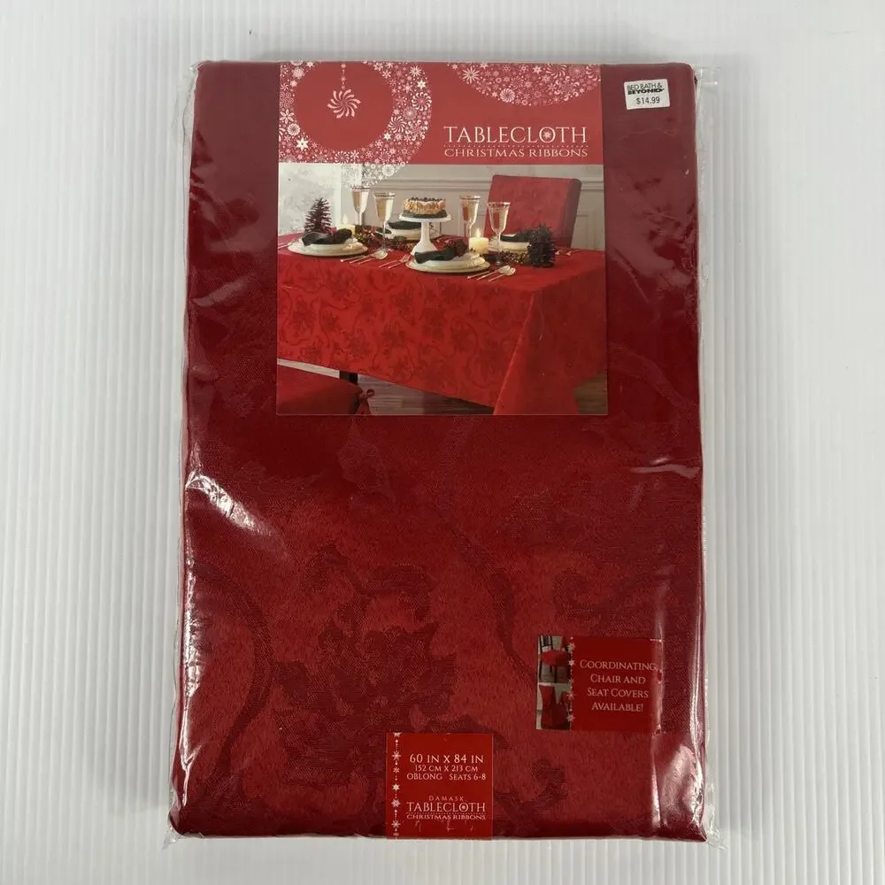 Tablecloth Christmas Ribbons 60 x 84 Oblong Damask Ruby Red Town & Country NEW
